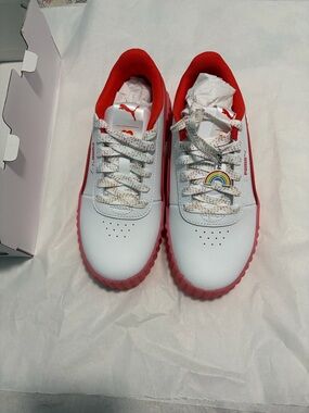 Puma Kids White and Red Low-Top Sneakers with Rainbow Charm